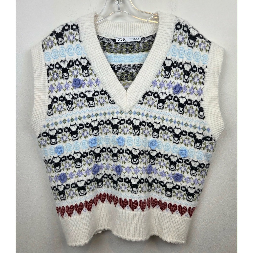 Zara Cow Fair Isle Knit Sweater Vest Crochet Flower Applique V-Neck Size Medium